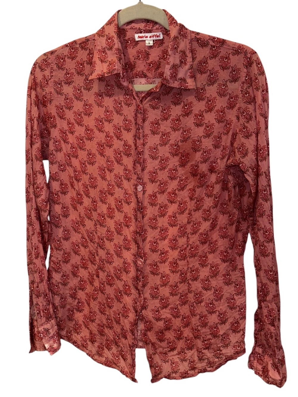 Marie Eiffel French Designer Hamptons pink Indian Block Print cotton top S